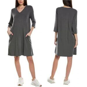 EILEEN FISHER Dress Size M V-neck Elbow Sleeve A-Line Pockets Grey NEW $178